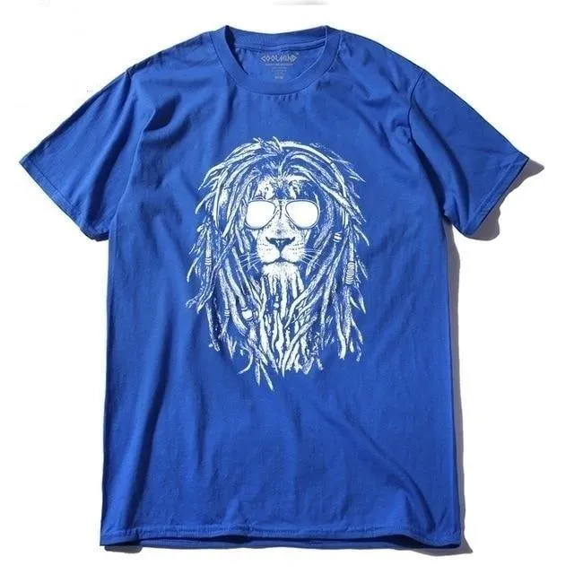 100% Cotton Cool Lion Print Casual O-neck Summer Loose T-shirt for Men