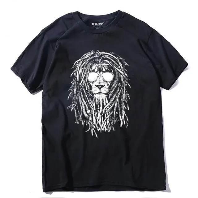 100% Cotton Cool Lion Print Casual O-neck Summer Loose T-shirt for Men