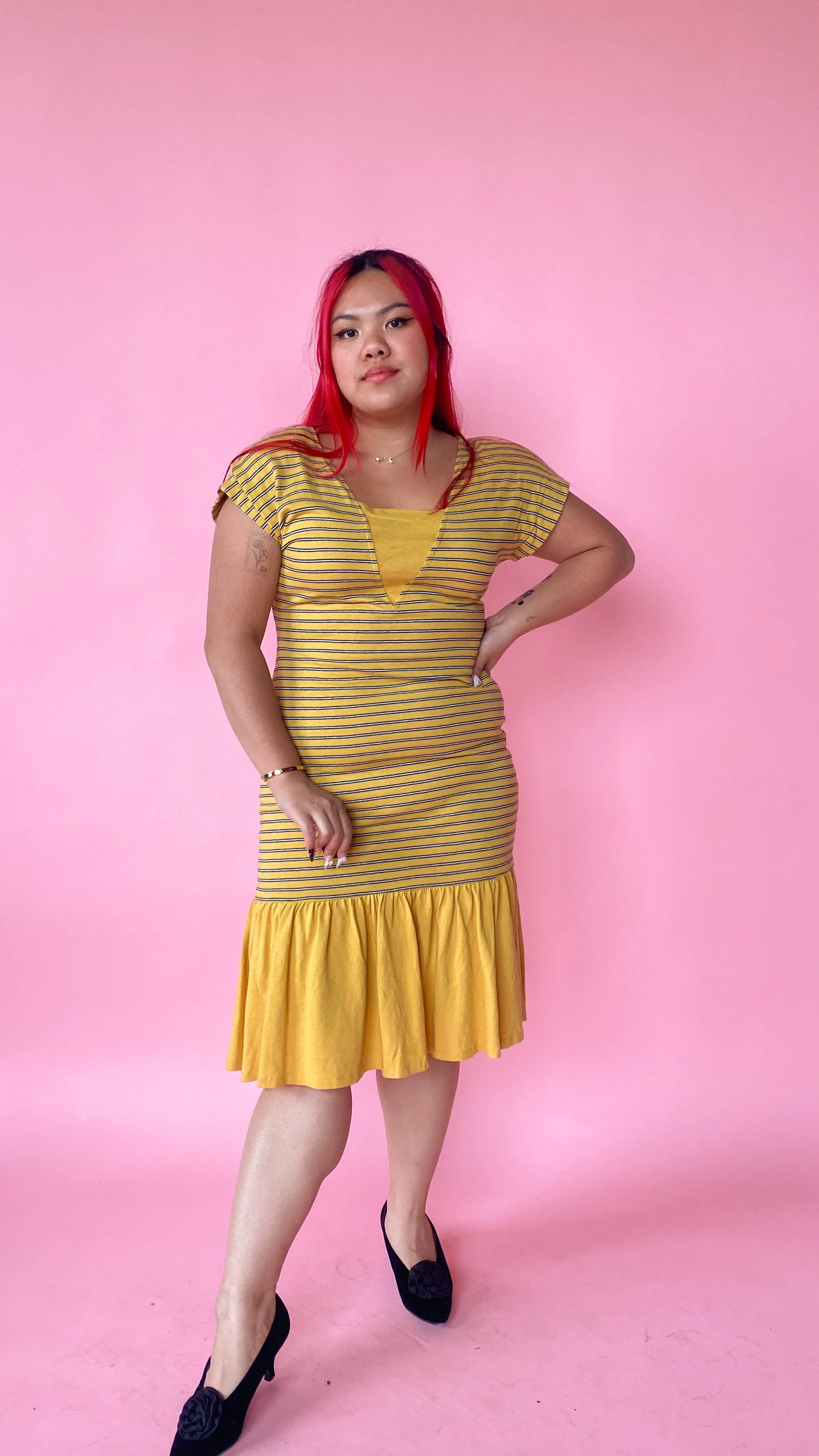 1980s Striped Yellow Ruffle Dress, sz. L