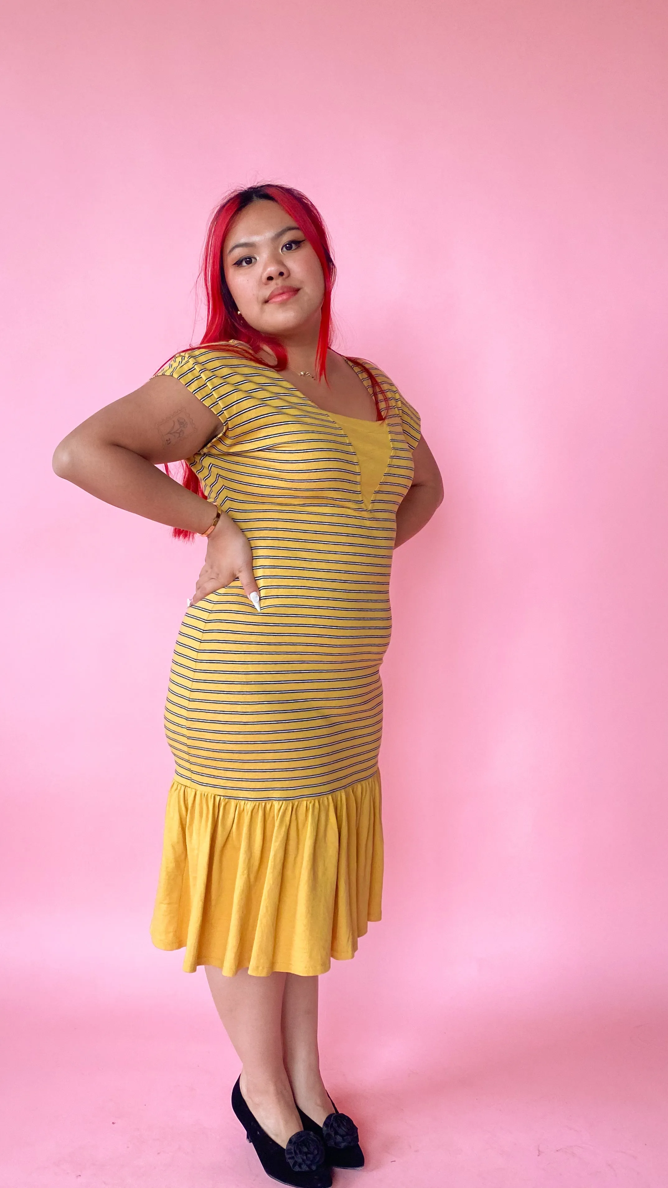 1980s Striped Yellow Ruffle Dress, sz. L