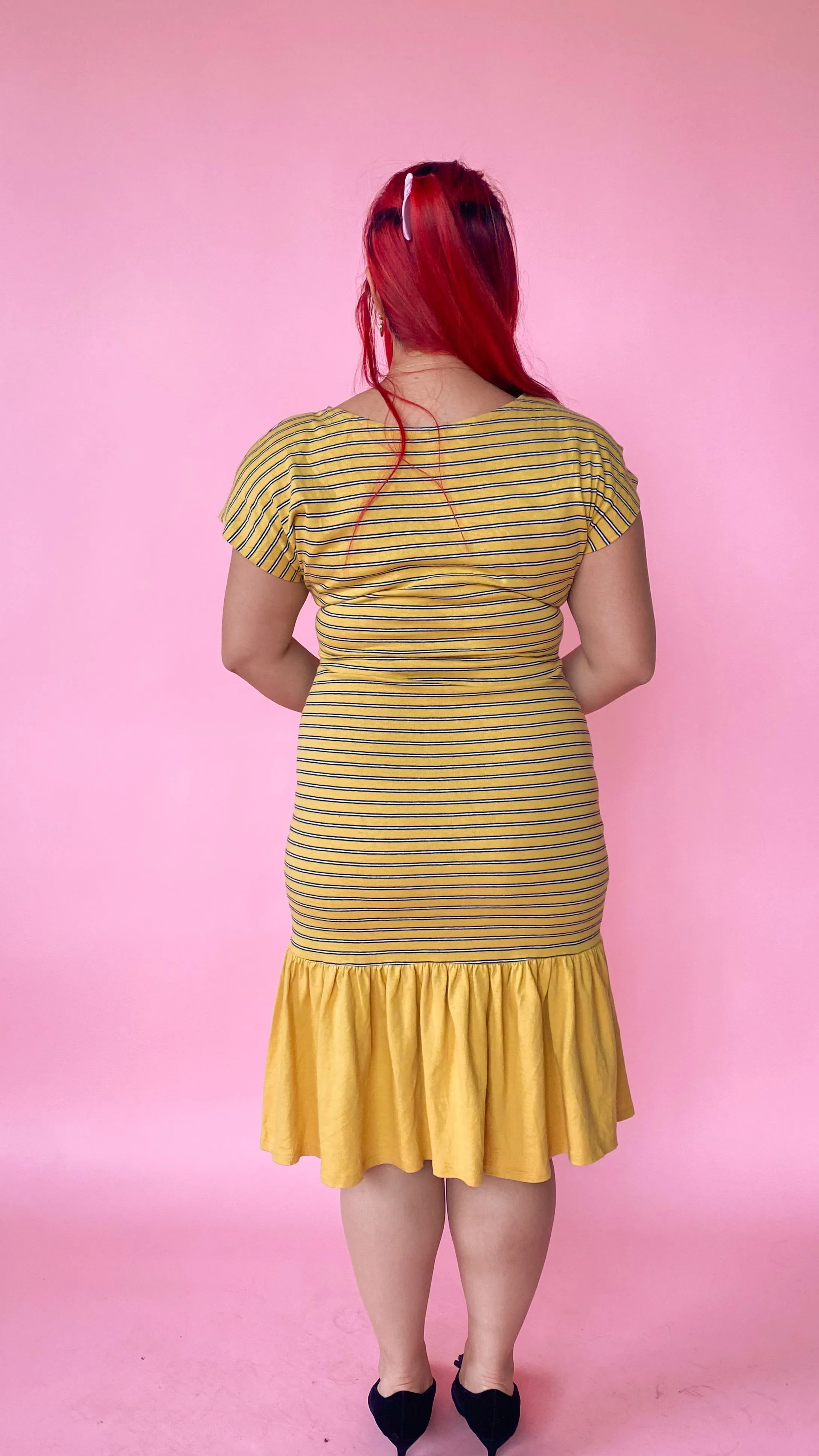 1980s Striped Yellow Ruffle Dress, sz. L