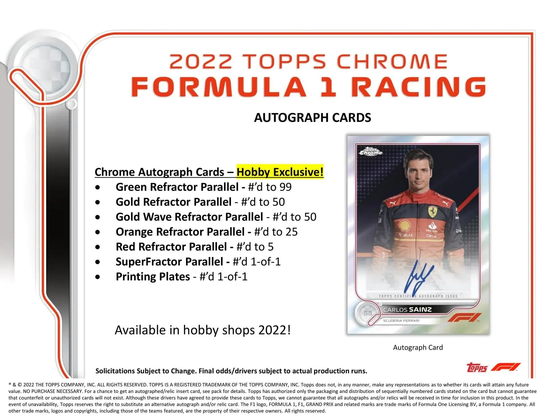 2022 Topps Chrome F1 Formula 1 Hobby Box 18 Packs per Box, 4 Cards per Pack