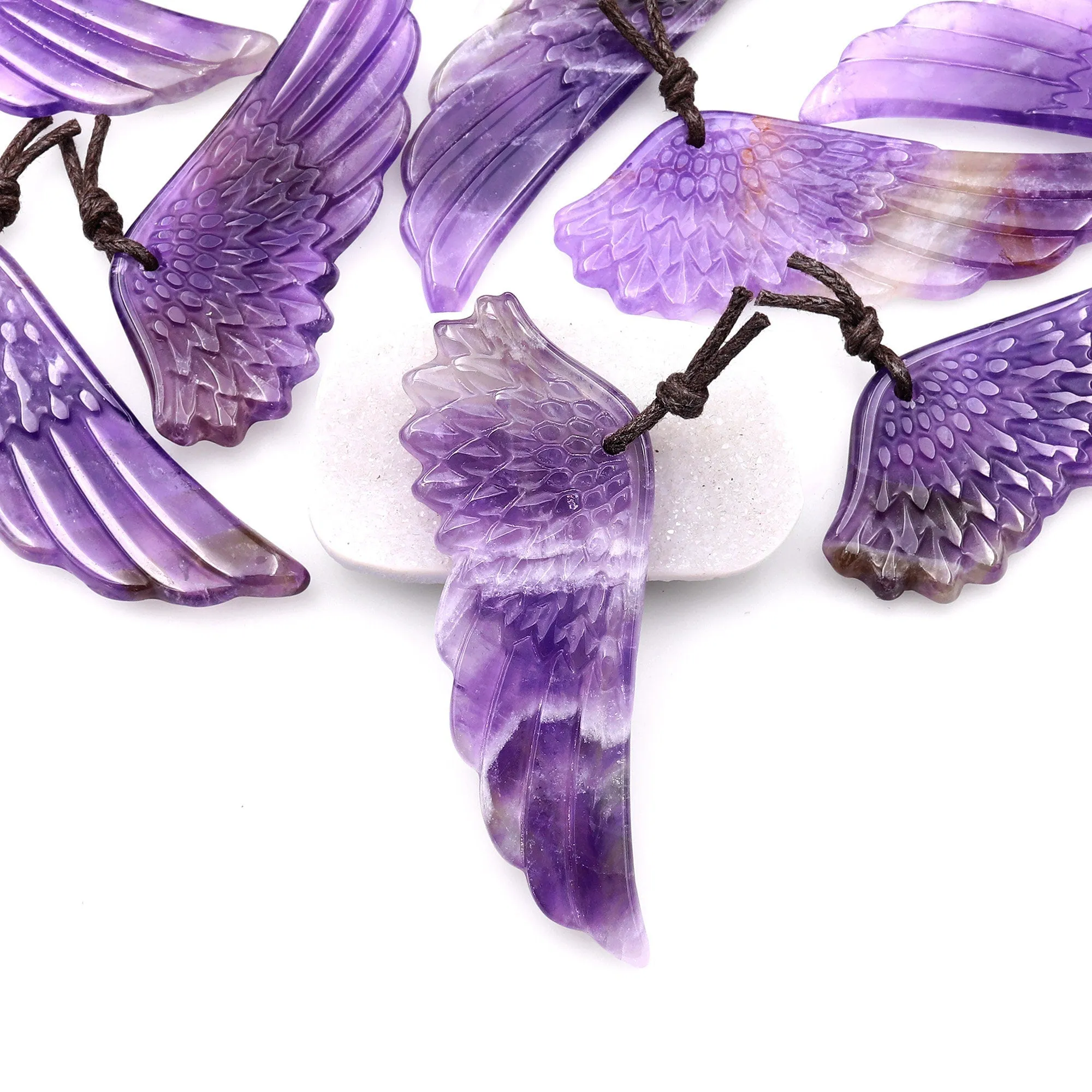 AAA Hand Carved Natural Amethyst Angel Wing Pendant Focal Bead Drilled Gemstone A2