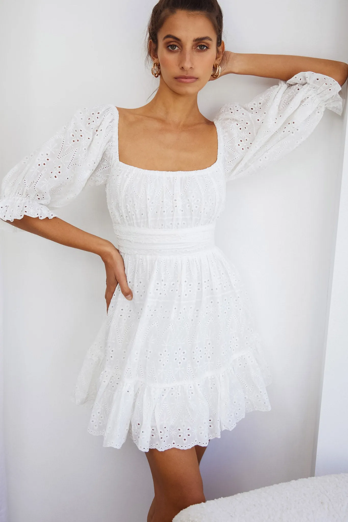 Abby Off-Shoulder Tie-Up Back Dress Eyelet Embroidery Dress White