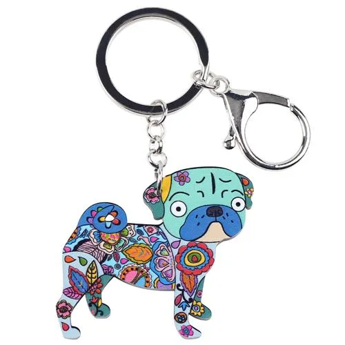 Acrylic Terrier Pug Dog Key Chain Key Ring Pom Gift for Women