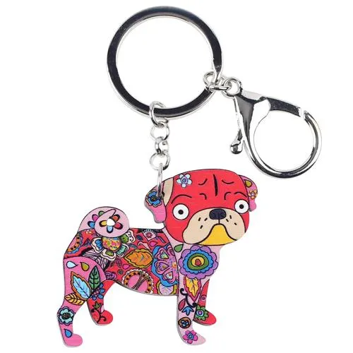 Acrylic Terrier Pug Dog Key Chain Key Ring Pom Gift for Women