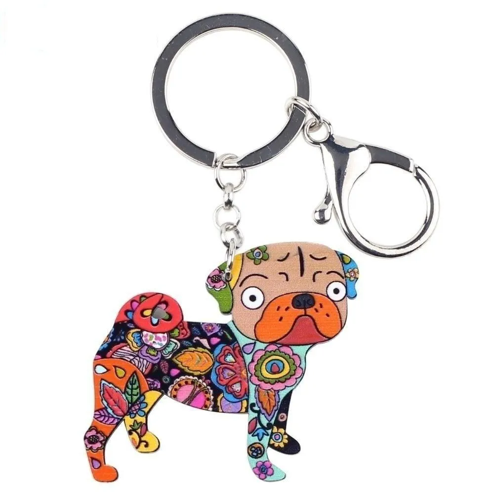 Acrylic Terrier Pug Dog Key Chain Key Ring Pom Gift for Women