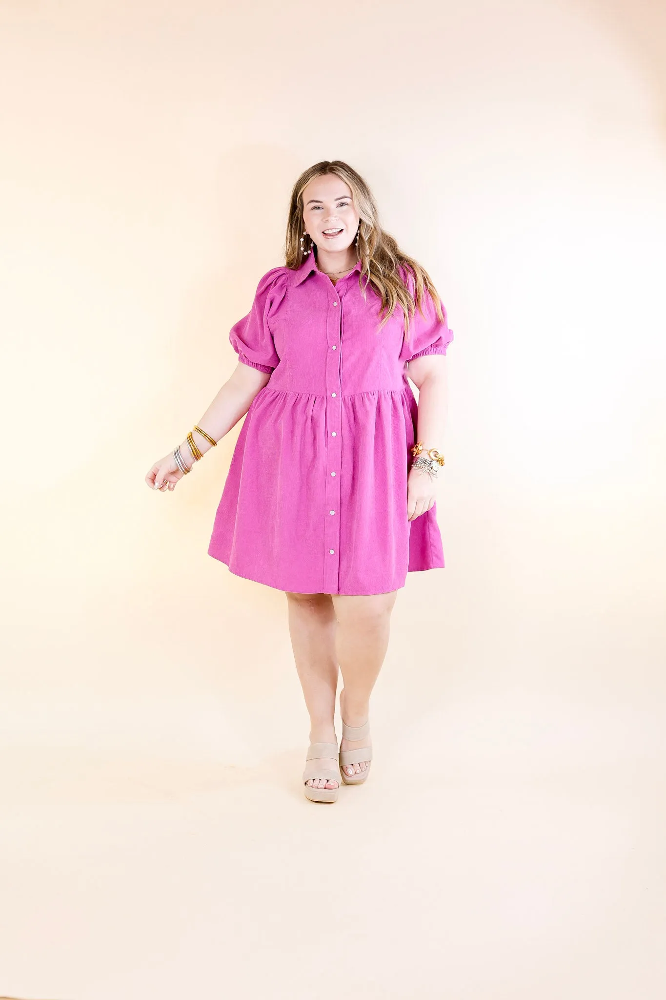 Adventures Ahead Button Up Corduroy Babydoll Dress in Magenta Purple