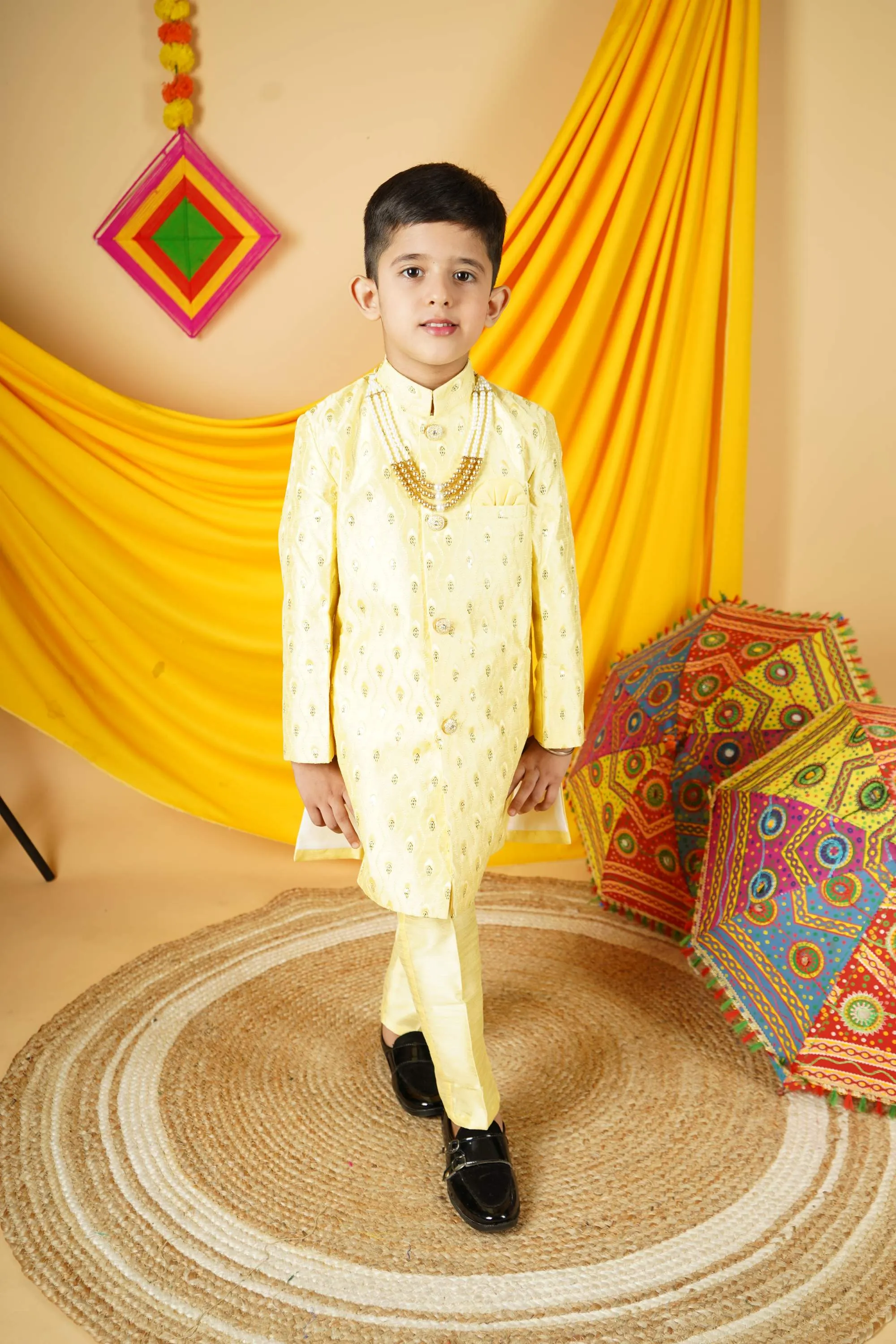 Ahhaaaa Kids Ethnic Silk Blend Indian Wear Sequin Print Indo-Western Sherwani Set For Boys