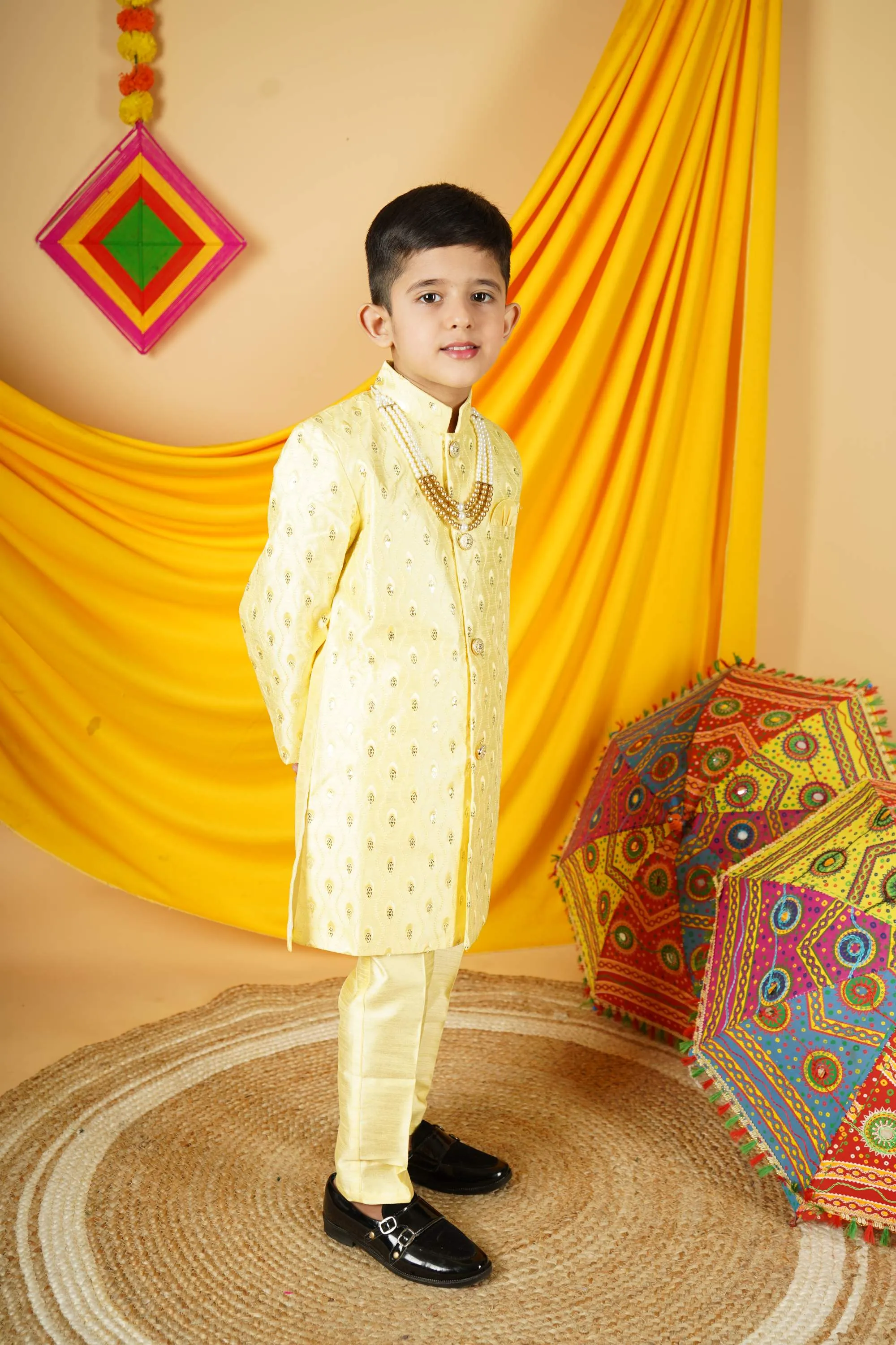 Ahhaaaa Kids Ethnic Silk Blend Indian Wear Sequin Print Indo-Western Sherwani Set For Boys