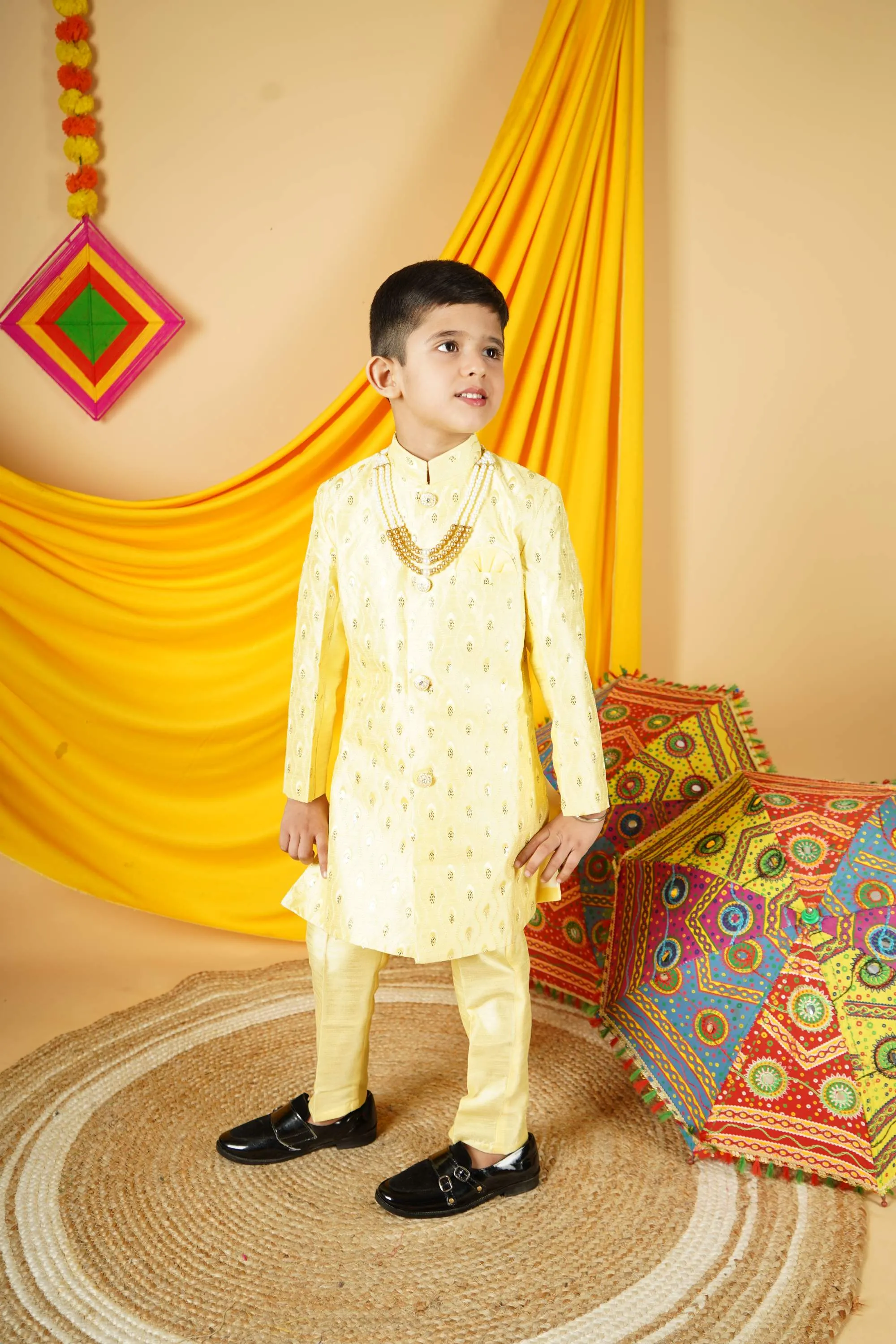 Ahhaaaa Kids Ethnic Silk Blend Indian Wear Sequin Print Indo-Western Sherwani Set For Boys