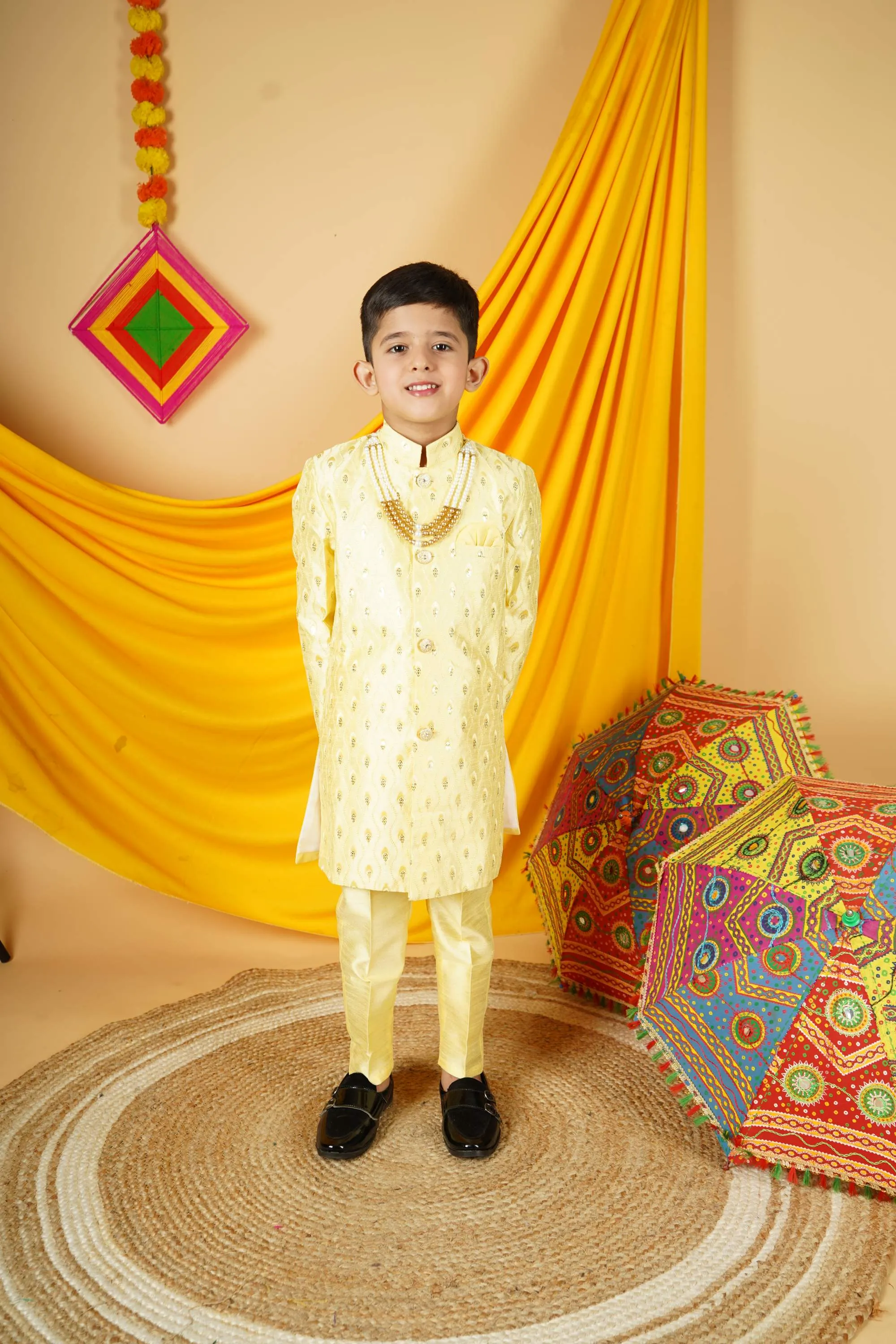 Ahhaaaa Kids Ethnic Silk Blend Indian Wear Sequin Print Indo-Western Sherwani Set For Boys