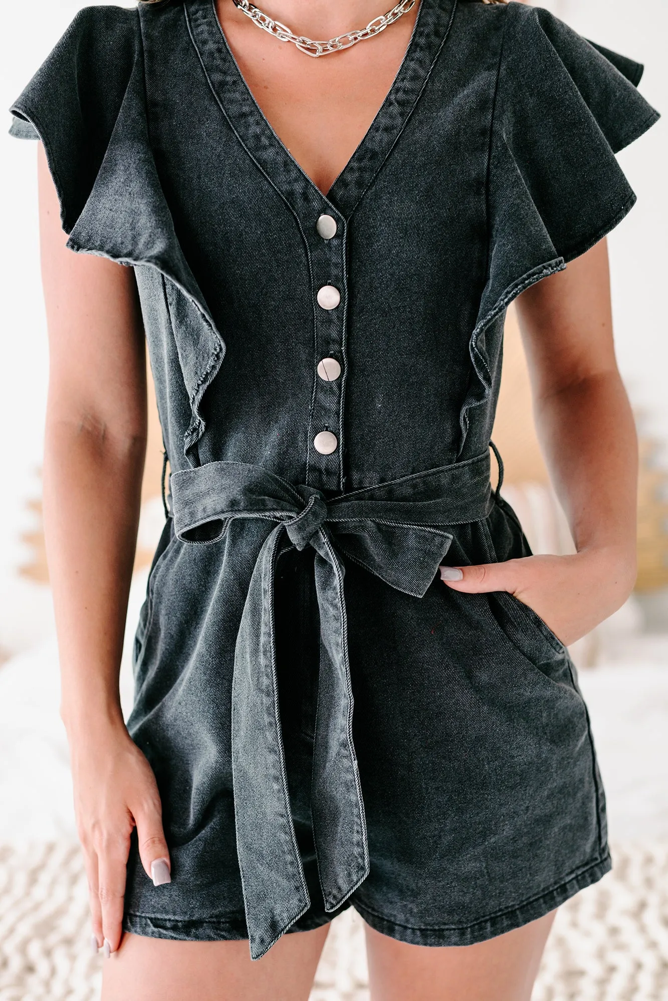 All Worked Up Ruffled Denim Romper (Black Acid)