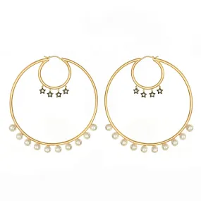 AMMANII Statement Hoop Earrings with Star Charms and Freshwater Pearls in Vermeil Gold