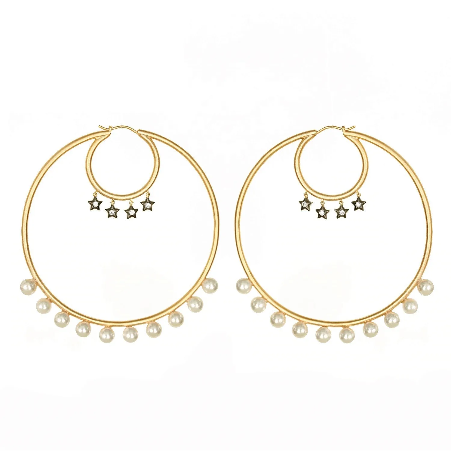 AMMANII Statement Hoop Earrings with Star Charms and Freshwater Pearls in Vermeil Gold