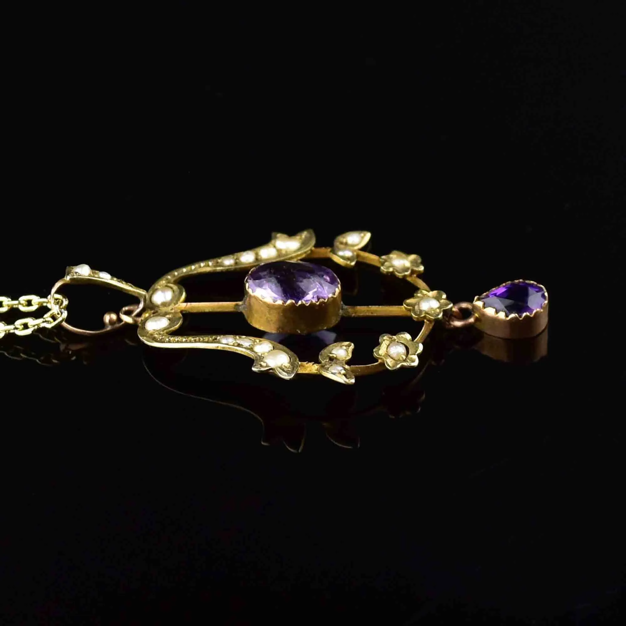 Antique Art Nouveau Gold Amethyst Pearl Lavaliere Necklace