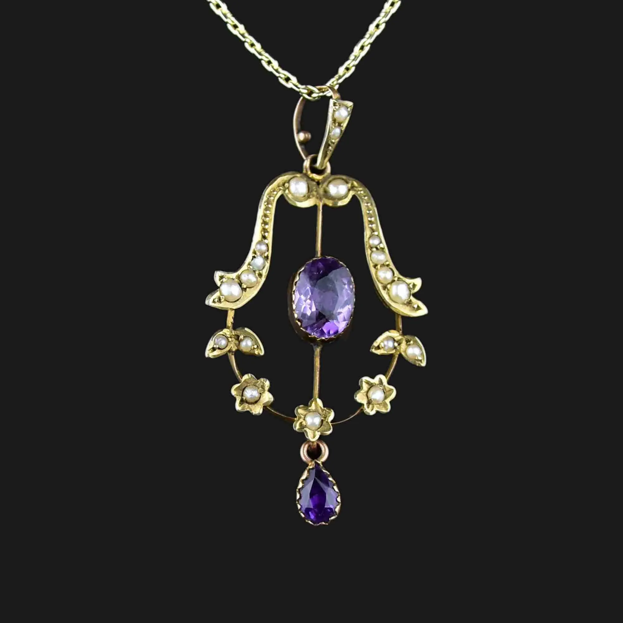 Antique Art Nouveau Gold Amethyst Pearl Lavaliere Necklace