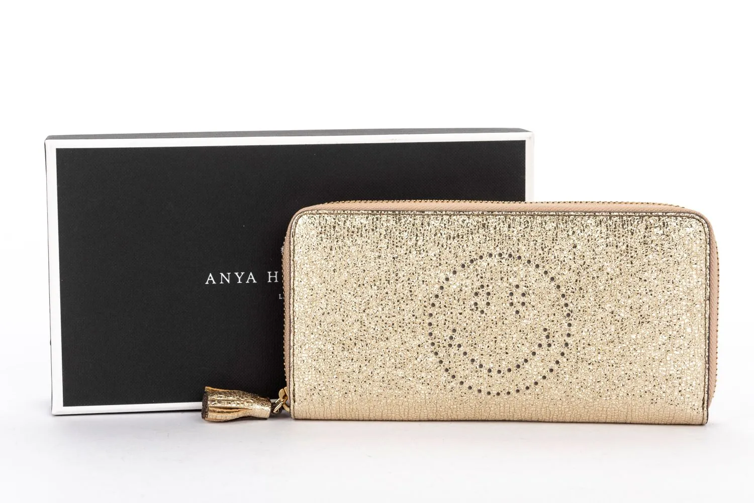 Anya Hindmarch Metallic Gold Smiley Zippy Wallet, with Box