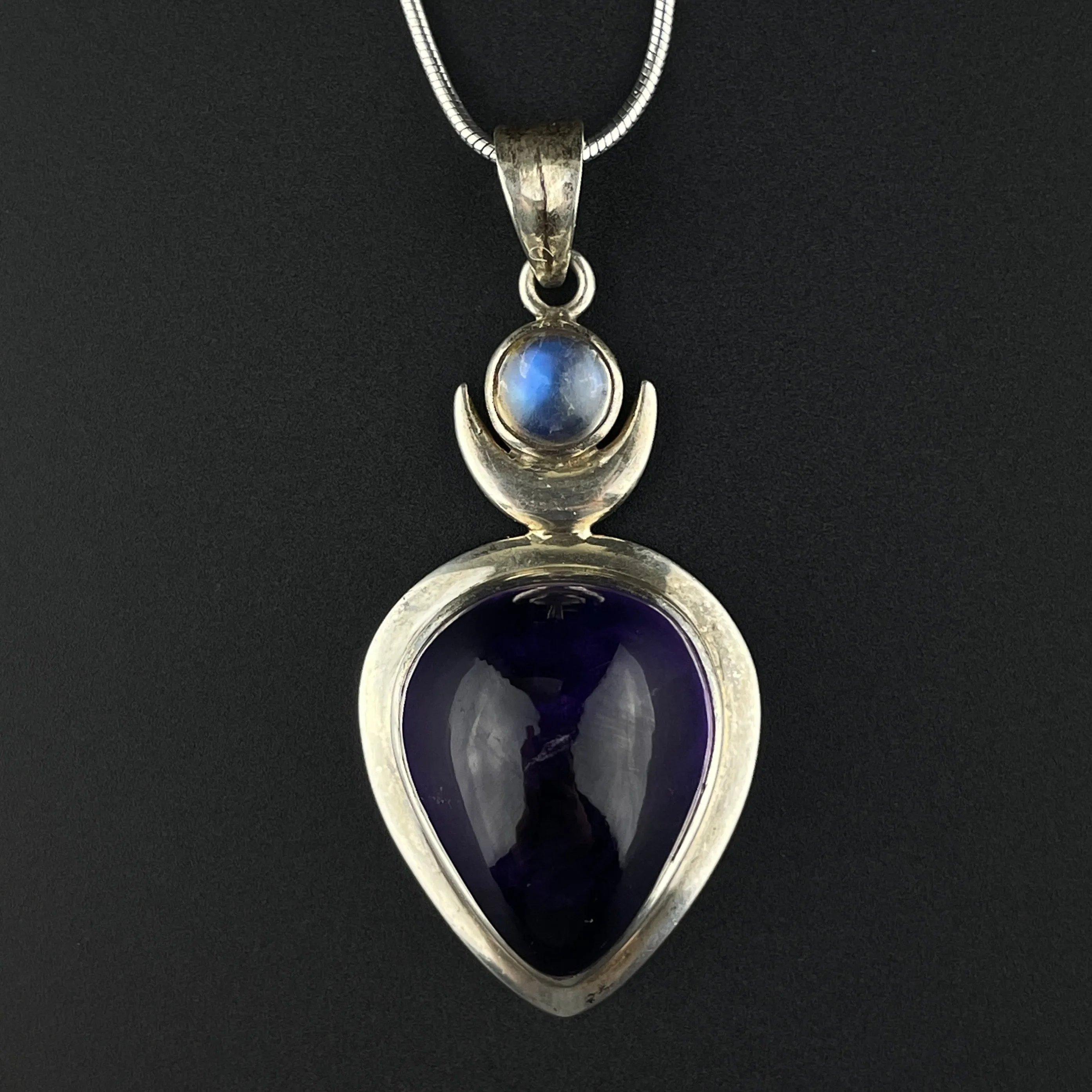 Arts and Crafts Style Amethyst Moonstone Silver Pendant Necklace