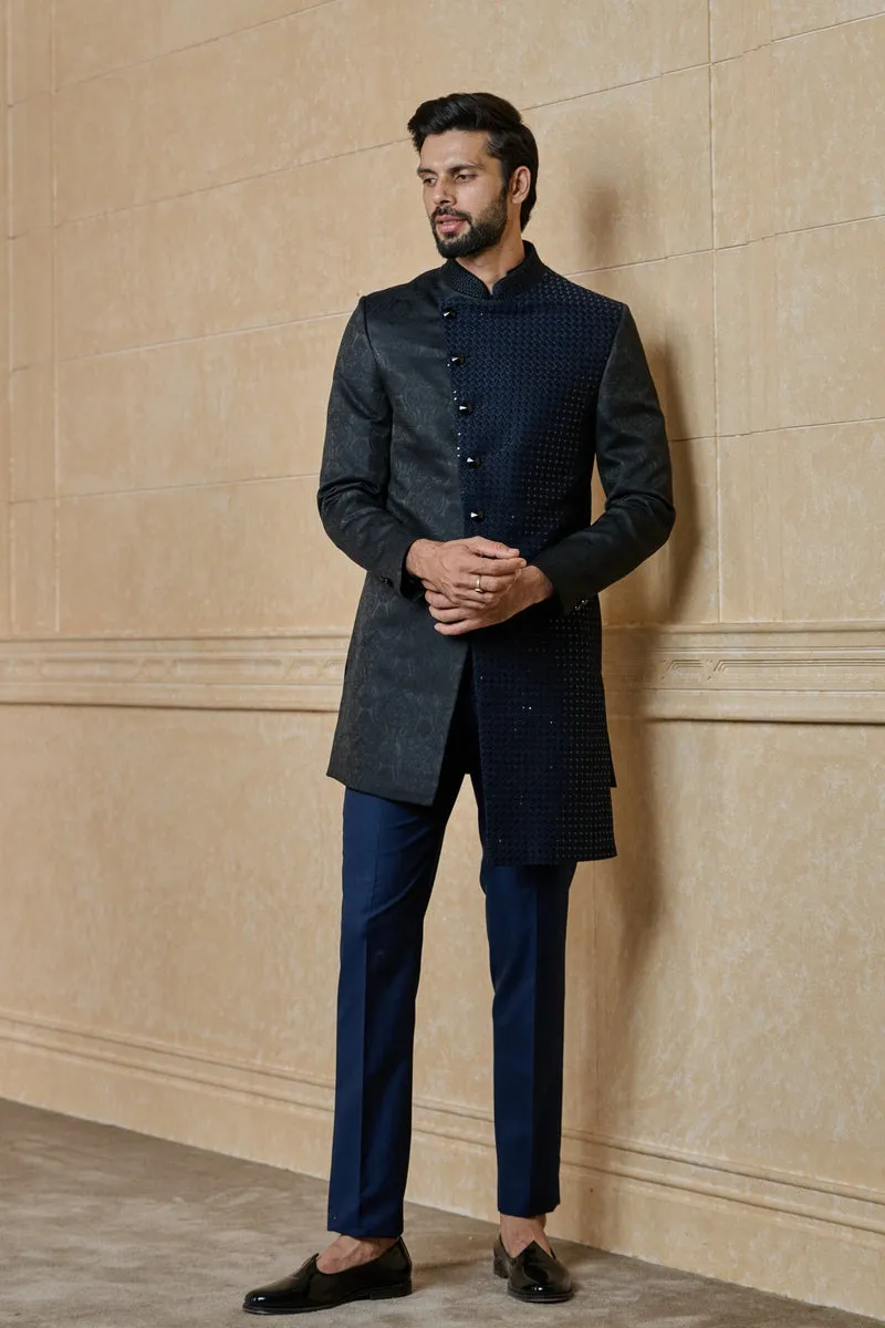 Asymmetric Achkan With Collar Embroidery