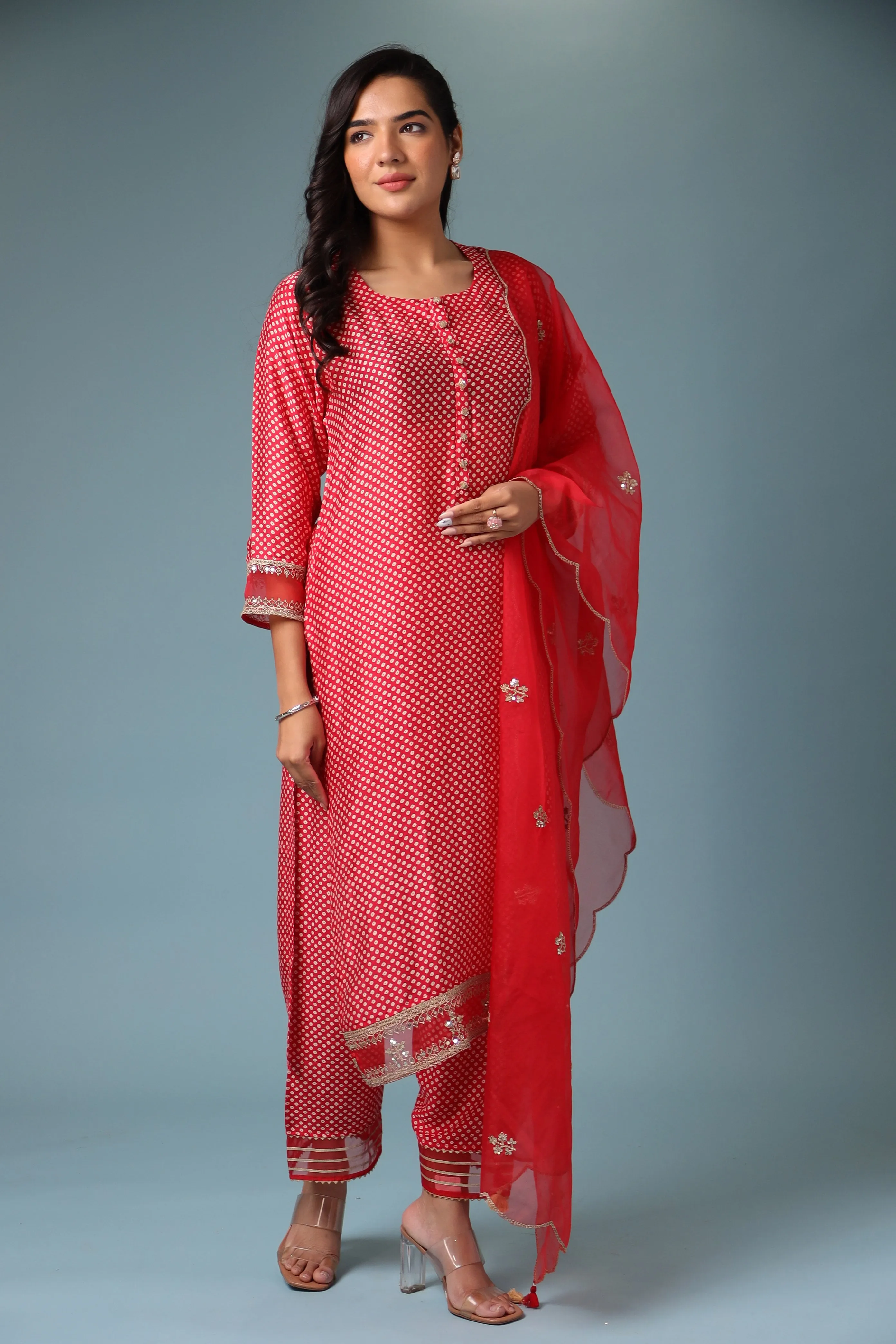 Bandhej Silk Kurta Stitched with Dori work.