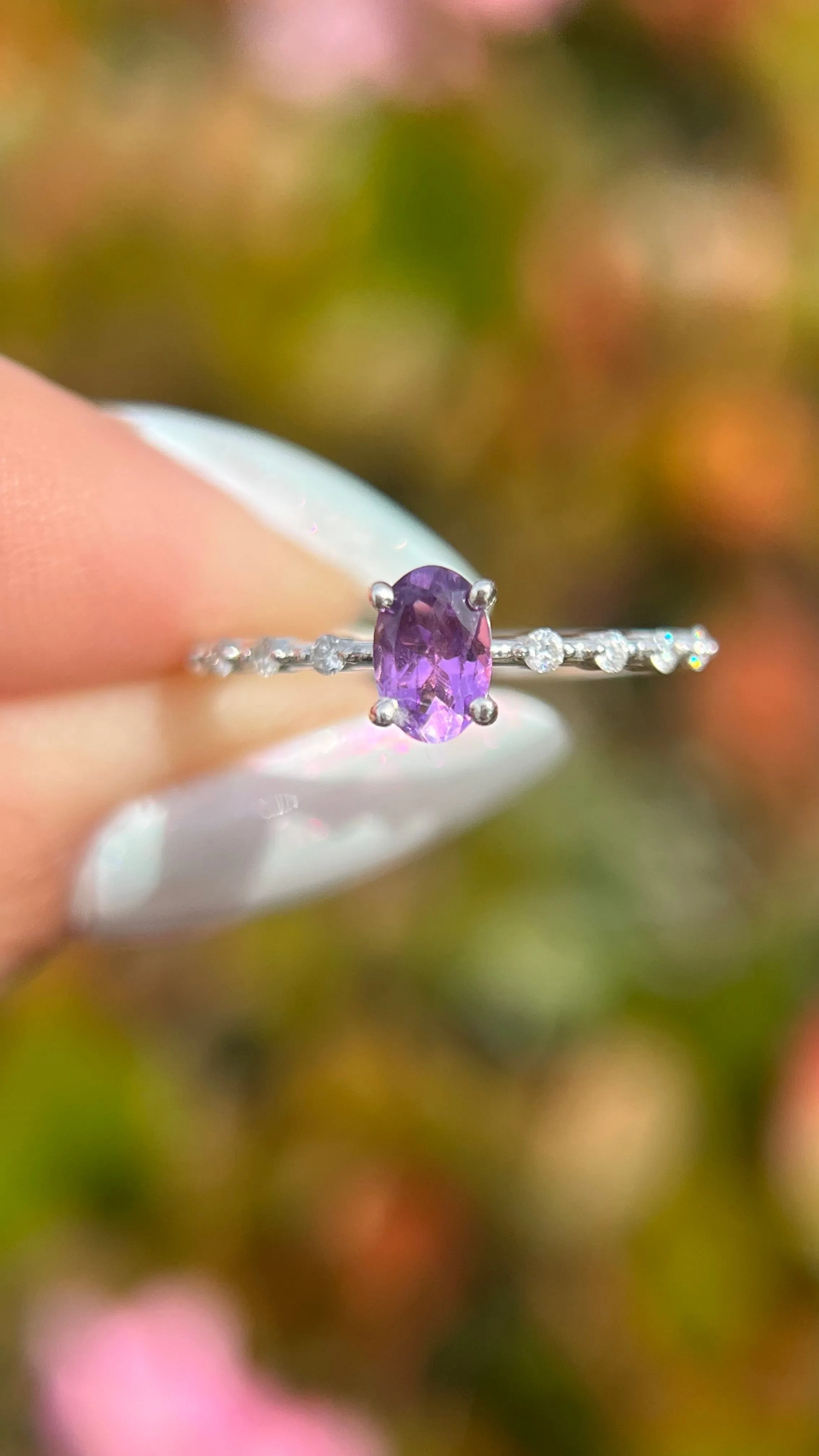 Bella 6x4mm 0.35ct Oval Amethyst Spaced Diamond Ring 14K Gold DFR015