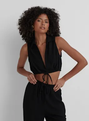 Black Collared Tie Front Crop Top- Jace