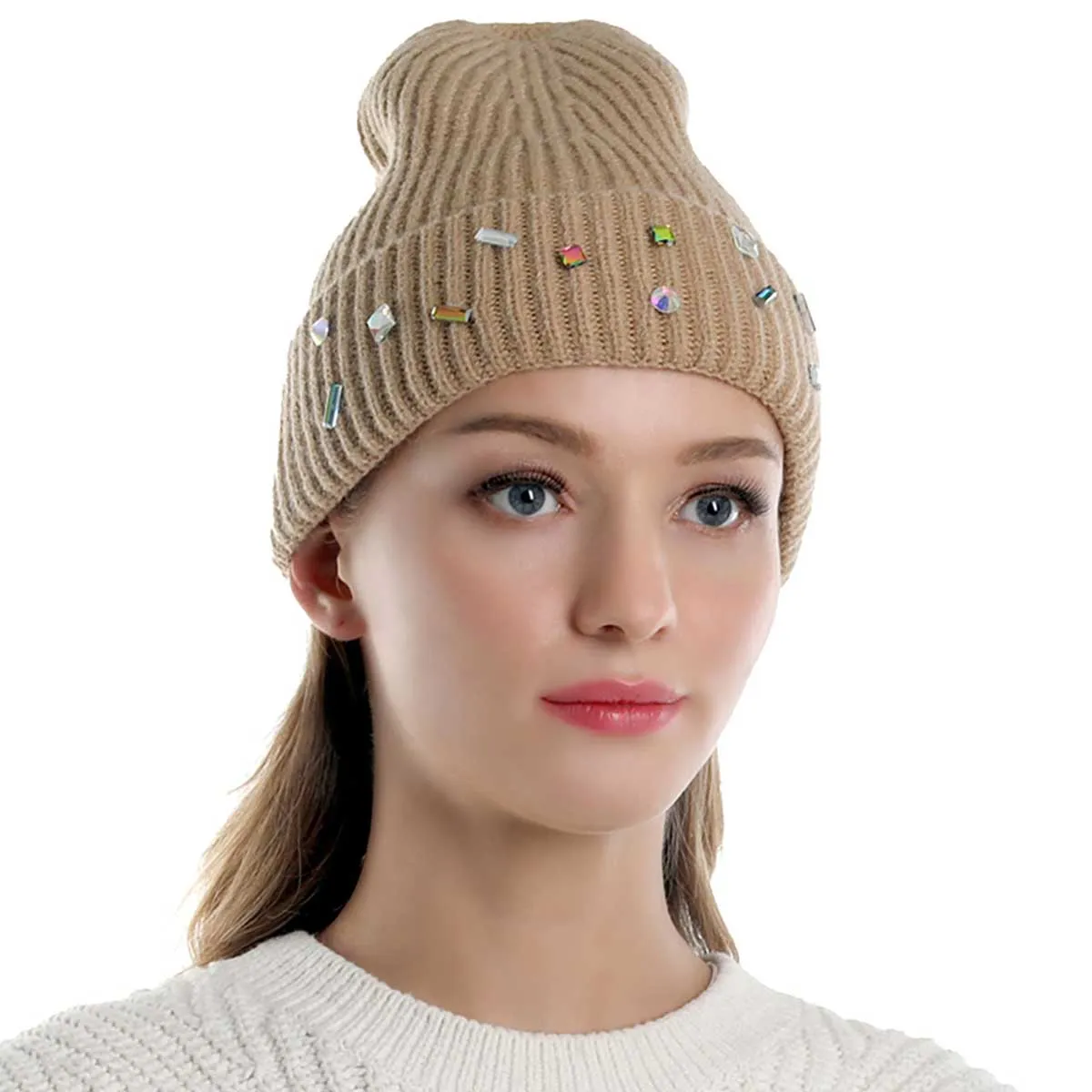 Bling Stone Embellished Knit Beanie Hat