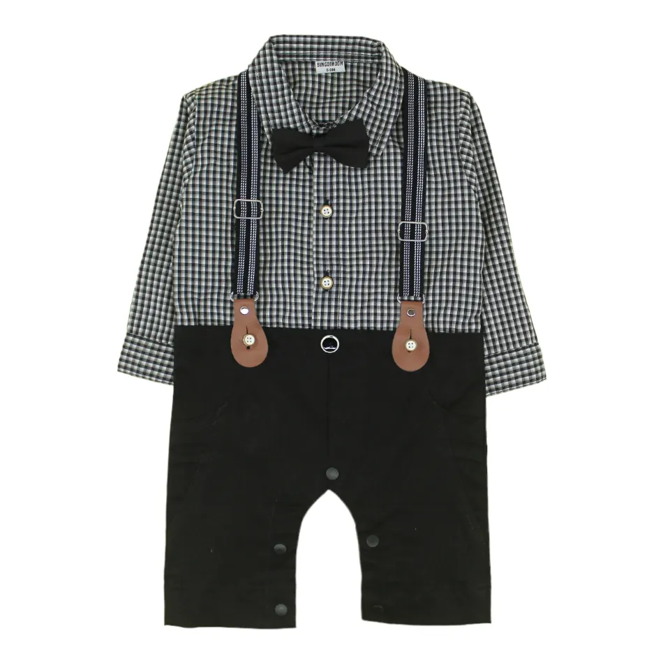 Bowtie Romper With Suspender And Cap - Black Checks