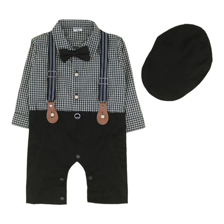 Bowtie Romper With Suspender And Cap - Black Checks