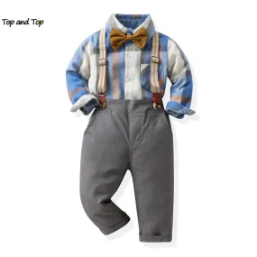 Boys Long Plaid Top Suspenders Gentleman Outfit Sets