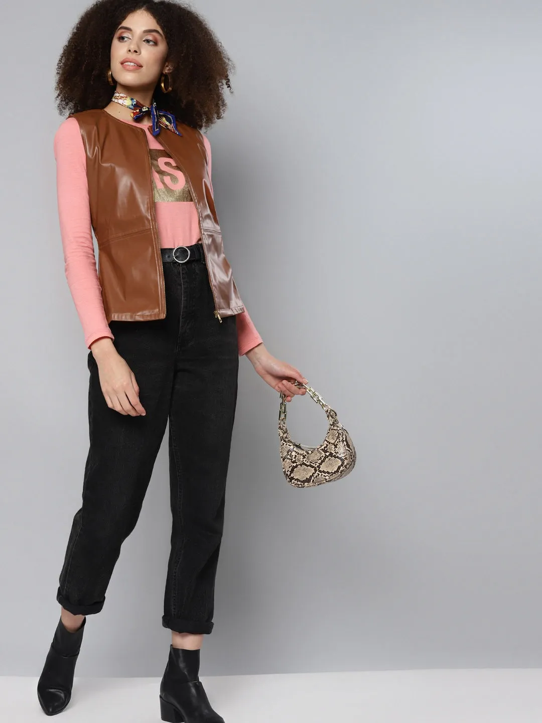 Brown Sleeveless PU Peplum Jacket