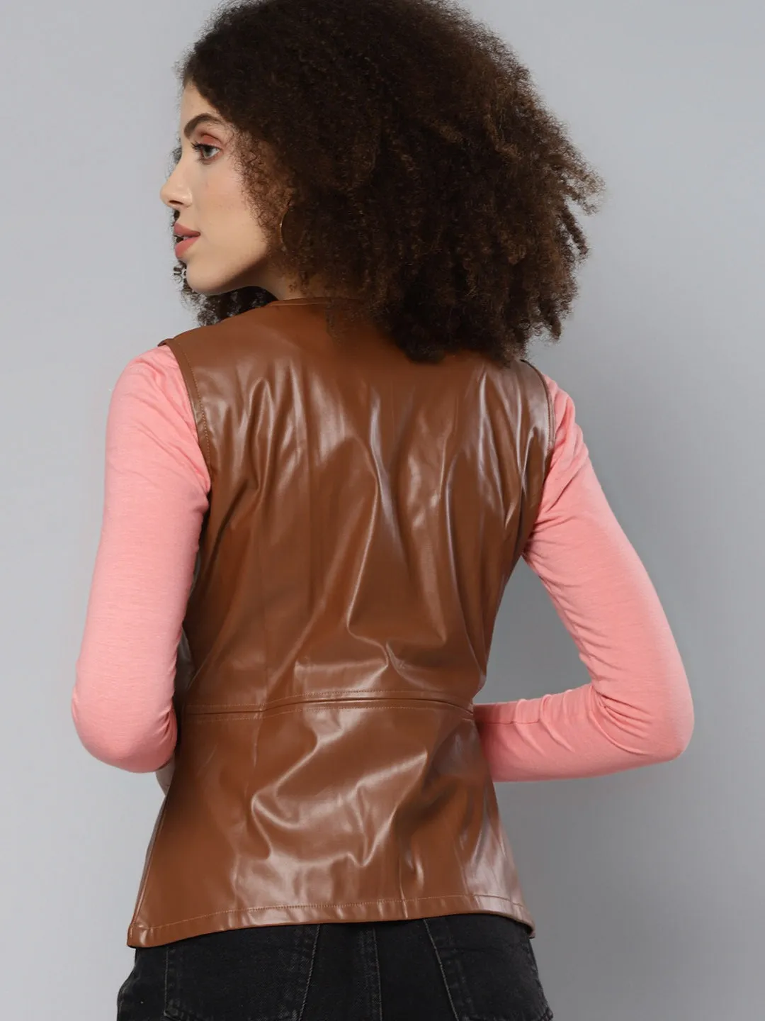 Brown Sleeveless PU Peplum Jacket