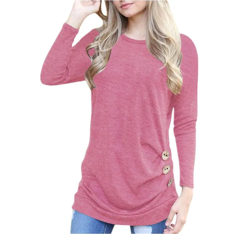 Button-Accent Crewneck Long-Sleeve Knit Top