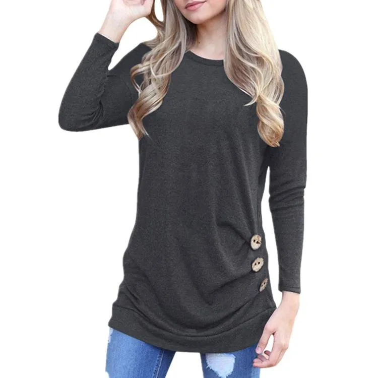 Button-Accent Crewneck Long-Sleeve Knit Top