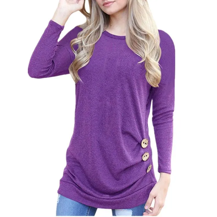 Button-Accent Crewneck Long-Sleeve Knit Top