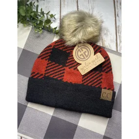 C.C Beanie with [Red Buffalo Plaid]   Fur Pom