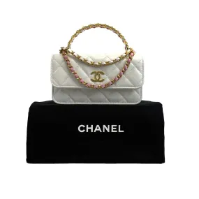 CHANEL - Phone Holder Quilted White Lambskin CC ‘CHANEL’ Top Handle / Crossbody