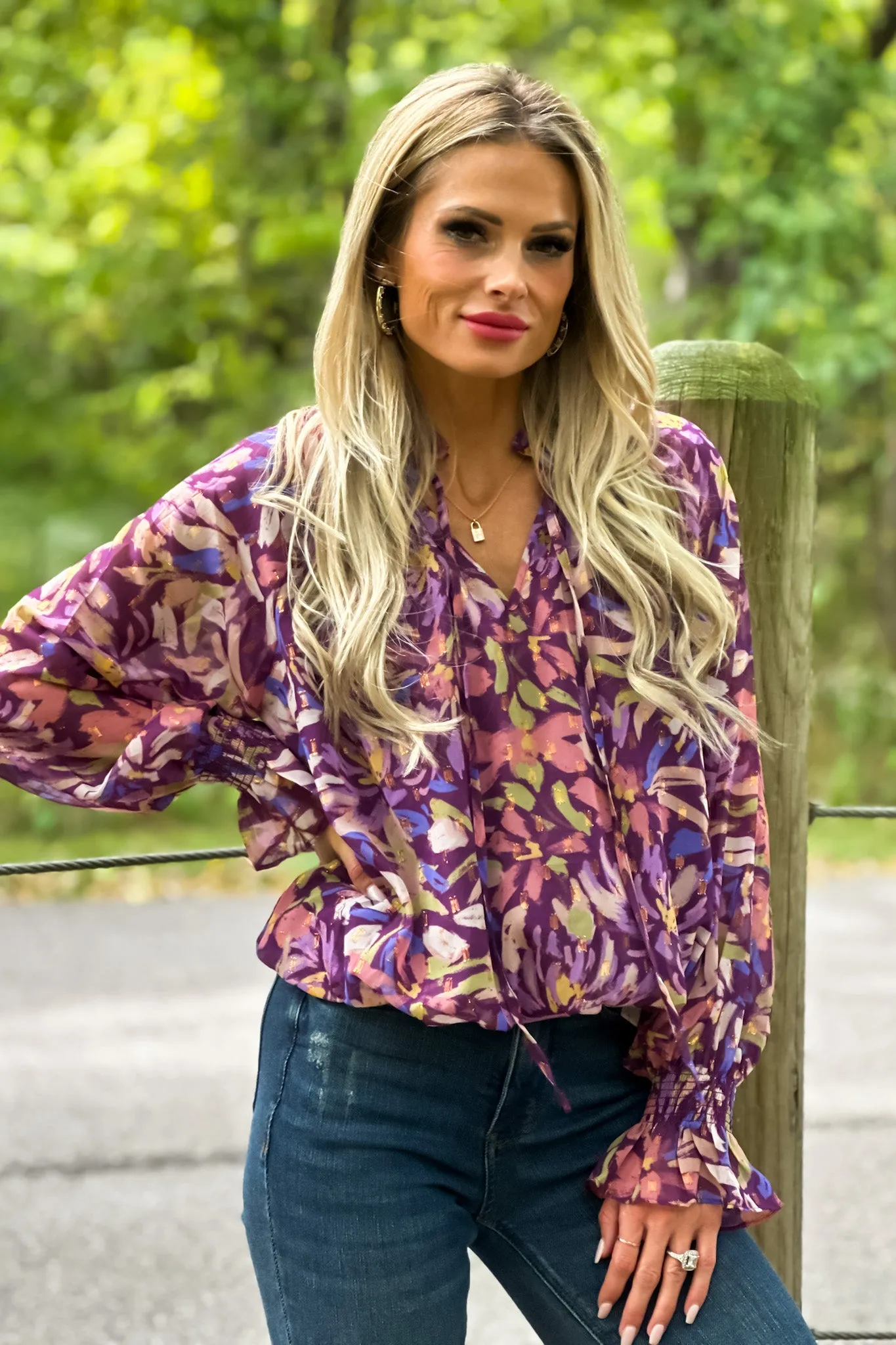 Chardonnay All Day Smocked Lurex Chiffon Top : Purple/Multi