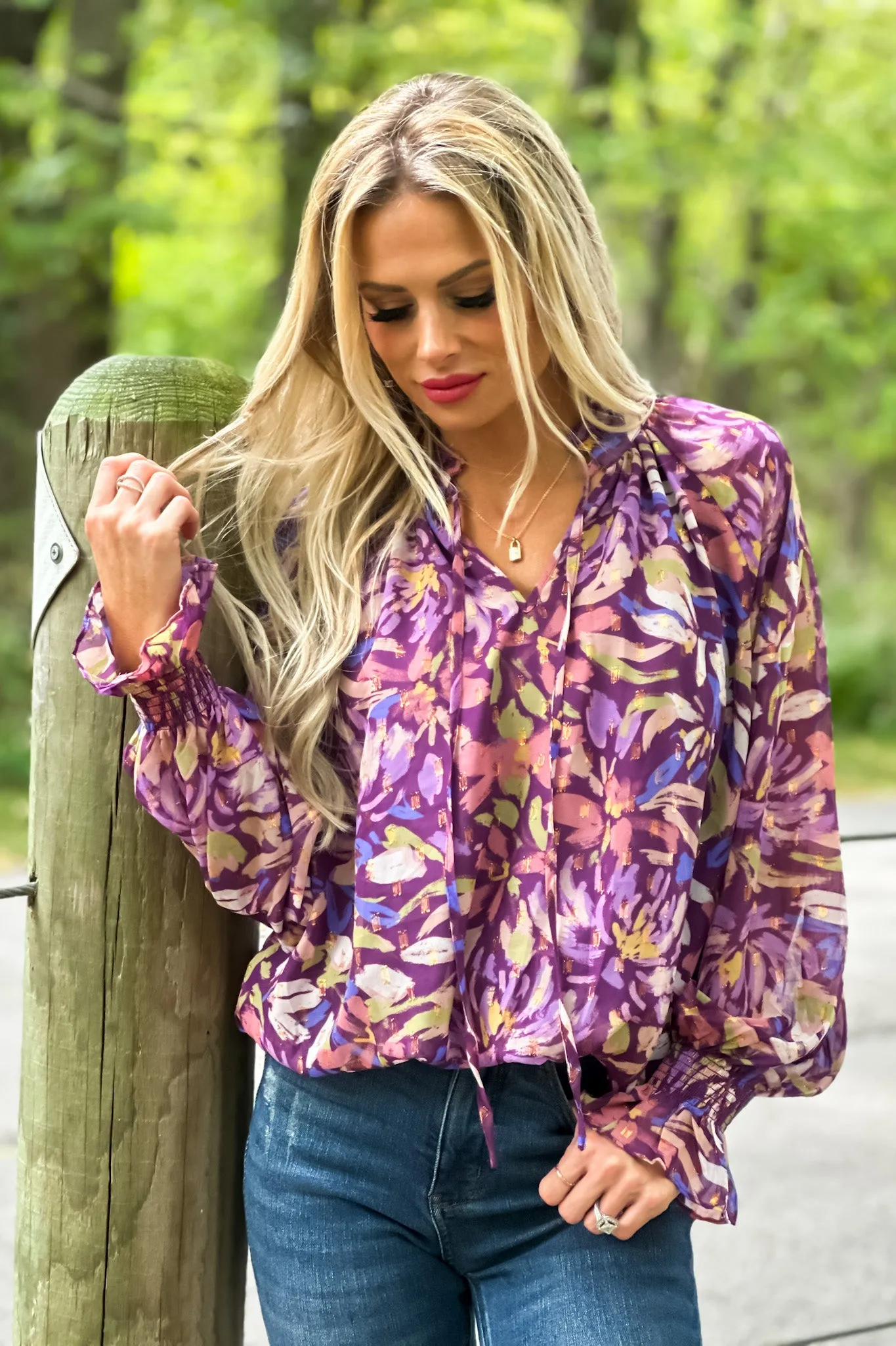 Chardonnay All Day Smocked Lurex Chiffon Top : Purple/Multi