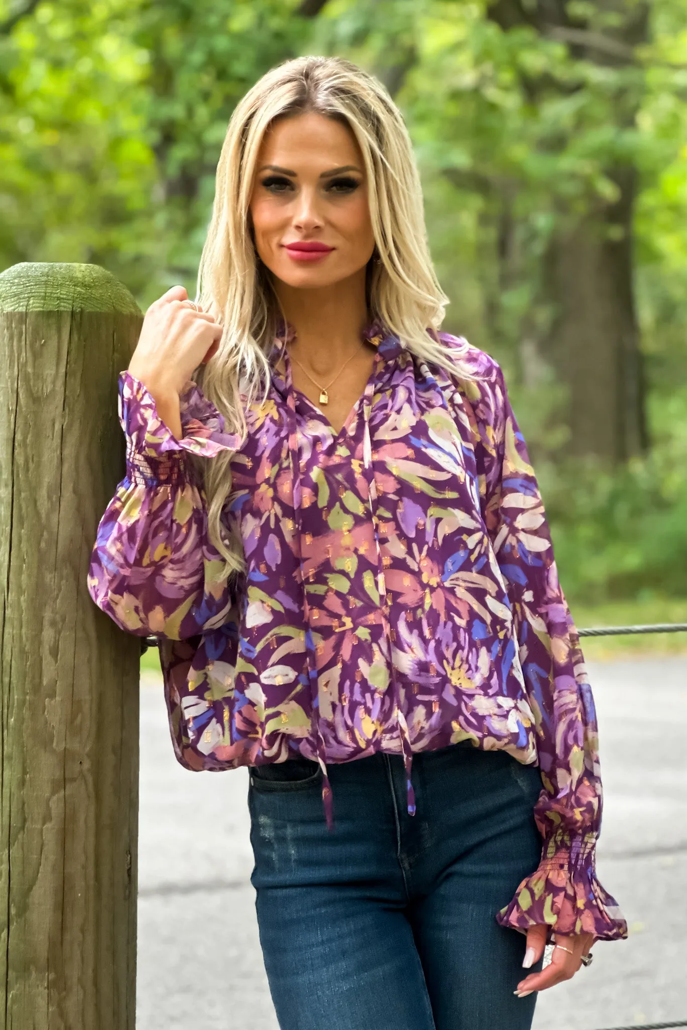 Chardonnay All Day Smocked Lurex Chiffon Top : Purple/Multi