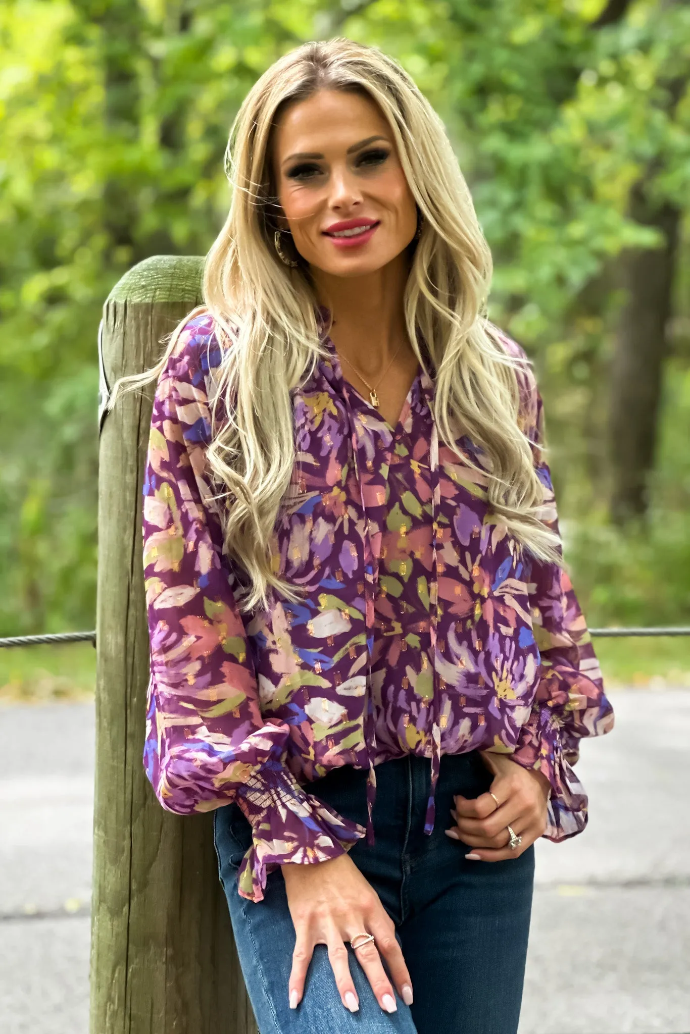 Chardonnay All Day Smocked Lurex Chiffon Top : Purple/Multi