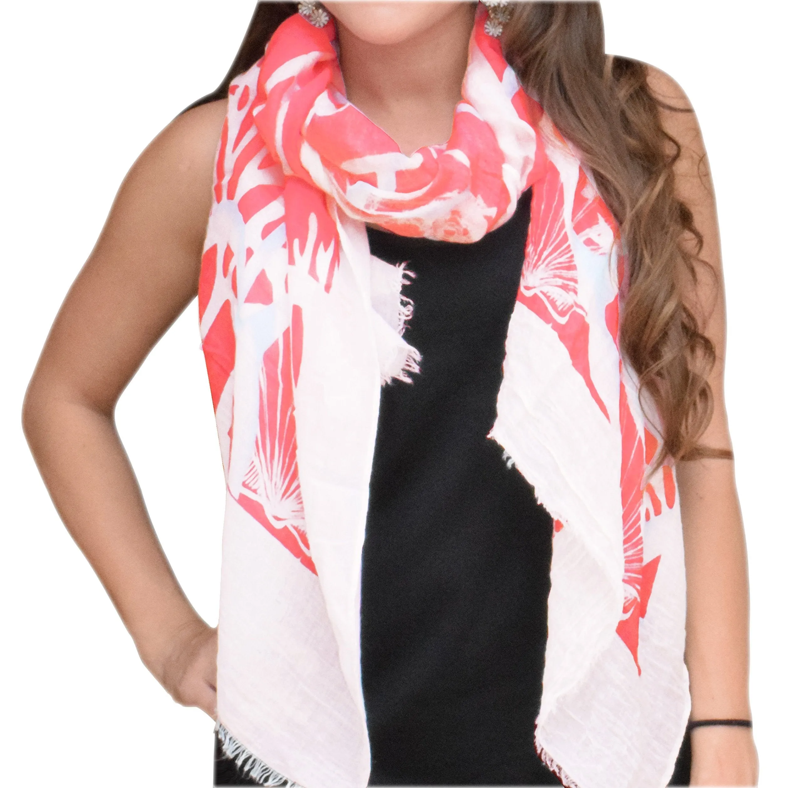 Coral Peach Couture All Season's Nautical Shell Seahorse design Light Fringe Shawl Scarf