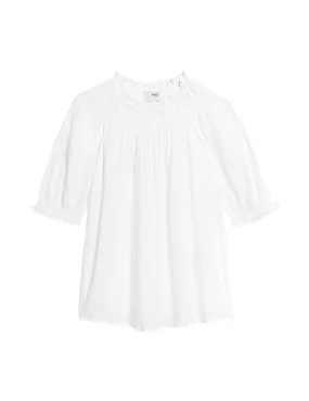 Cotton Blend Crew Neck Smocked Blouse