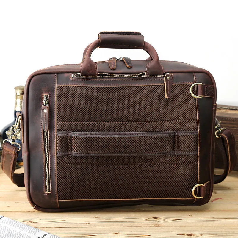 Crazy Horse Leather Men Briefcase Retro Laptop Bag Shoulder Messenger Bag Multifunction Backpack