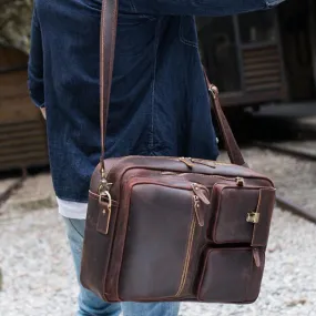 Crazy Horse Leather Men Briefcase Retro Laptop Bag Shoulder Messenger Bag Multifunction Backpack