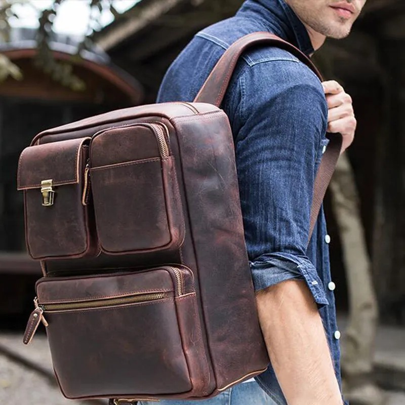 Crazy Horse Leather Men Briefcase Retro Laptop Bag Shoulder Messenger Bag Multifunction Backpack