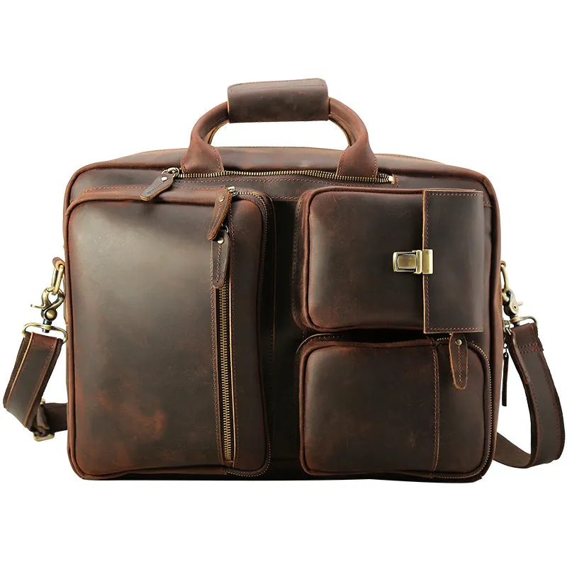 Crazy Horse Leather Men Briefcase Retro Laptop Bag Shoulder Messenger Bag Multifunction Backpack