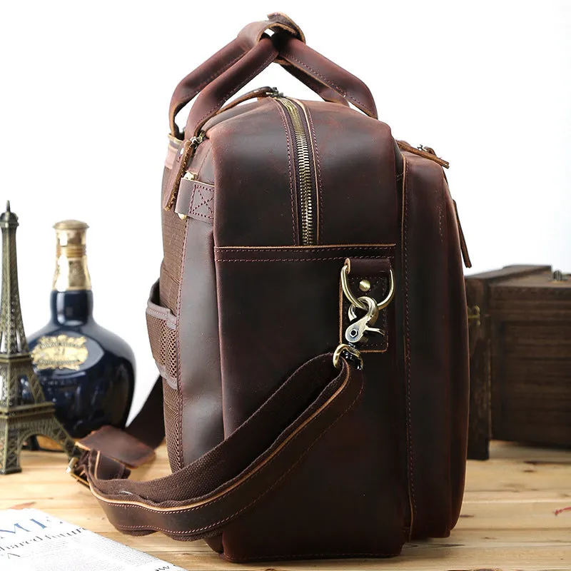 Crazy Horse Leather Men Briefcase Retro Laptop Bag Shoulder Messenger Bag Multifunction Backpack