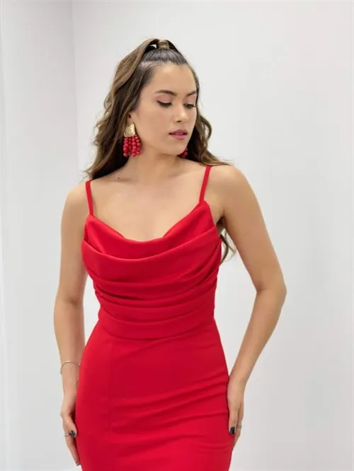 Crepe Fabric Degaje Collar Strap Dress - Red